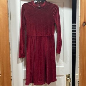 Burgundy velvet dress.